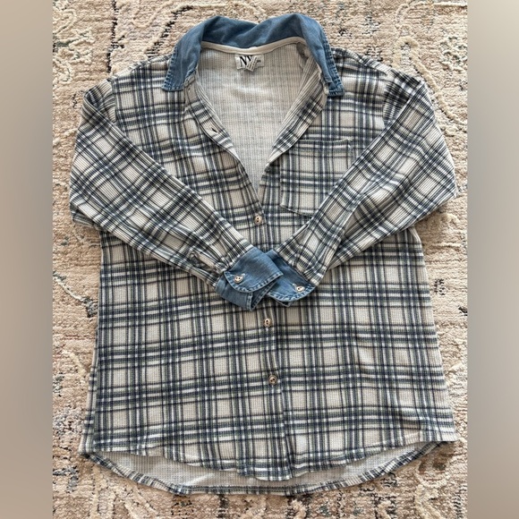 Vtg NY Jeans Plaid Denim Button‎ Down Jacket Size Small 90s 80s Grunge Retro - Picture 1 of 7
